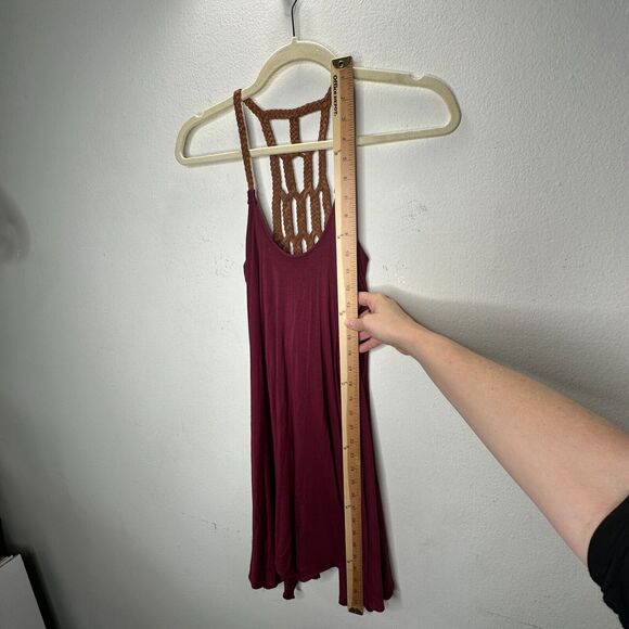 Sky Burgundy Scoop Neck Hand Braided Leather Design Back Strap Flowy Dress XS - Picture 13 of 14